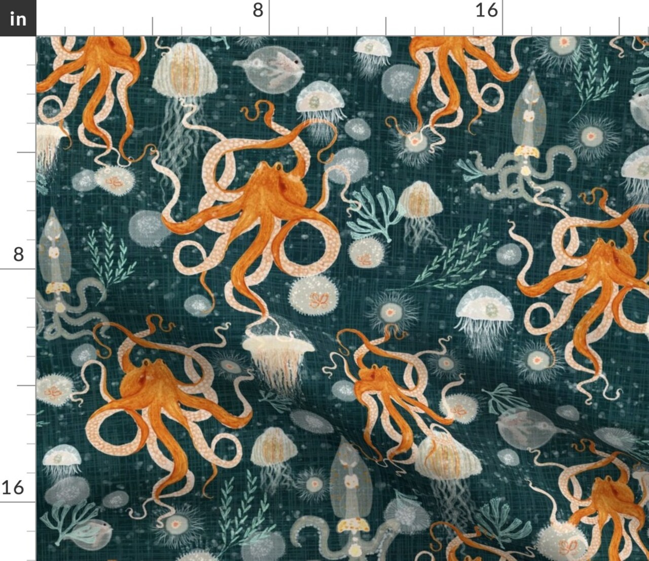 Octopus Blue Orange Sea Ocean Octopus Midnight Jellyfish Life Weed Tropical Custom Printed Fabric by Spoonflower Various Fabrics by the Yard or Fat Quarter